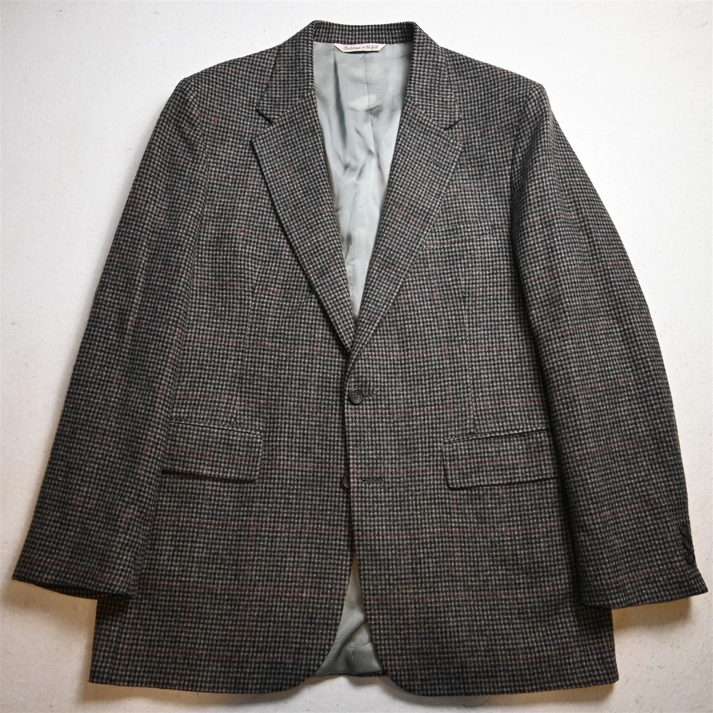 Vtg USA Made 44L Gray Houndstooth Wool Flannel Mens Blazer Jacket Sport Coat